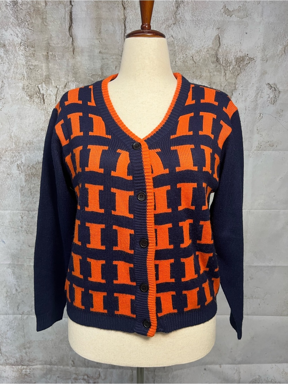 Joe College Sports Navy Orange Letter Knit Button Cardigan Sweater Size S
